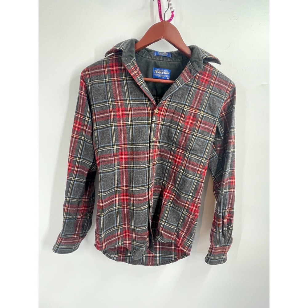 VTG Pendleton Plaid Virgin Wool Flannel Solo Button Up Shirt Red Gray Mens 2XS